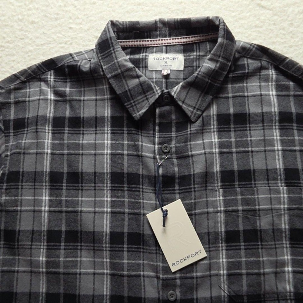 Rockport Shirt Mens XL Gray Black Plaid Flannel Long Sleeve Button-Up Casual